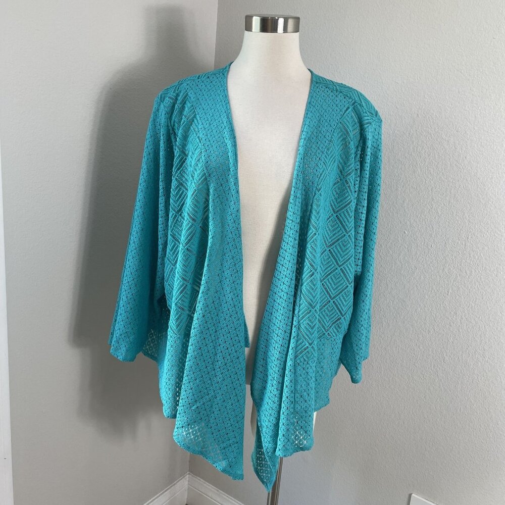 Catherines‎ Cardigan Womens 4X 30/32W Green Open Front Crochet Sheer Drape Plus
